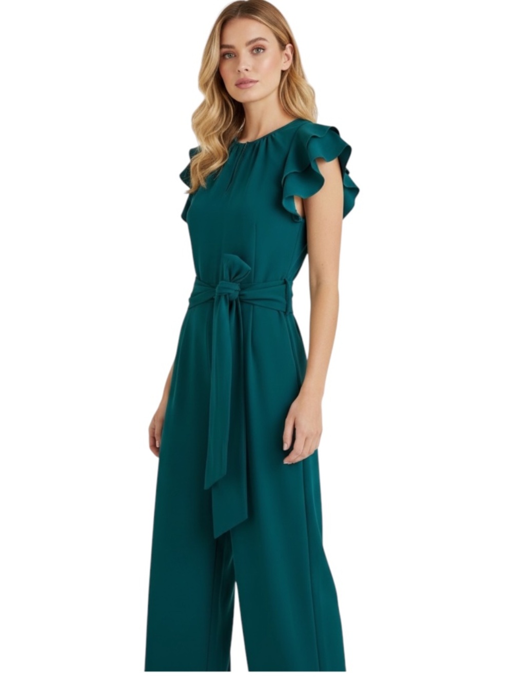 J Crew Black Label Ruffle-Sleeve Jumpsuit 365 Crepe Green Size 12 Corporate Chic